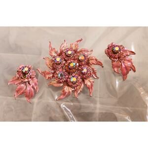 Vtg Signed Selini Irridescent Pink Rhinestones Enamel Brooch & Earring Set 2"